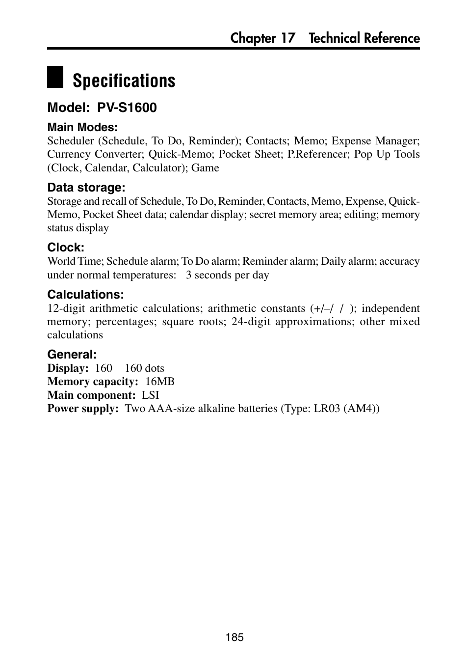 Specifications | Casio PV-S6100 User Manual | Page 187 / 189