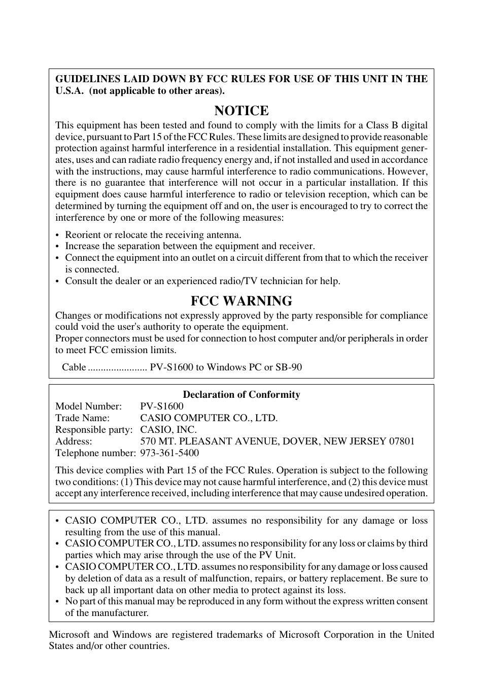 Notice, Fcc warning | Casio PV-S6100 User Manual | Page 2 / 189