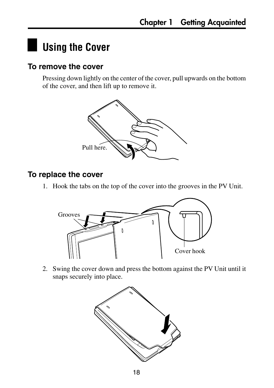 Using the cover, To remove the cover, To replace the cover | Casio PV-S6100 User Manual | Page 20 / 189