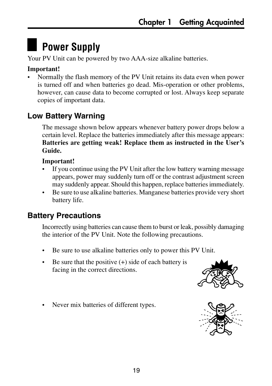 Power supply, Low battery warning, Battery precautions | Casio PV-S6100 User Manual | Page 21 / 189