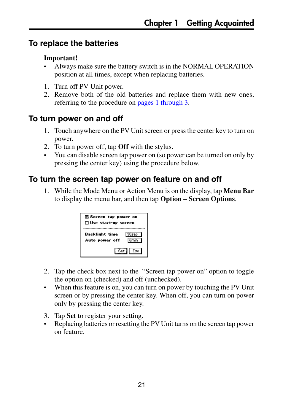 To replace the batteries, To turn power on and off, To turn the screen tap power on feature on and off | Casio PV-S6100 User Manual | Page 23 / 189