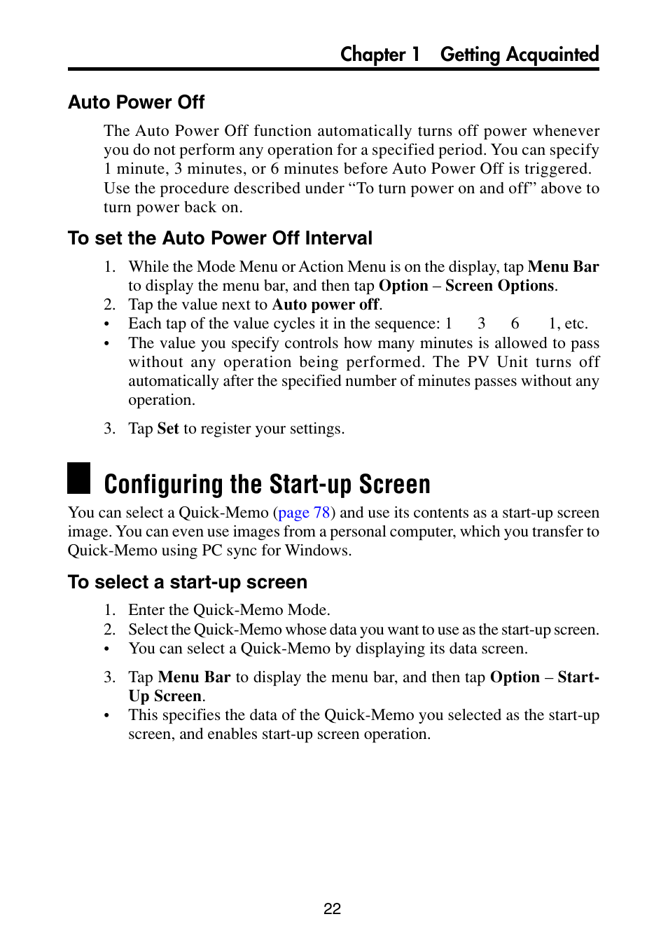 Auto power off, To set the auto power off interval, Configuring the start-up screen | To select a start-up screen | Casio PV-S6100 User Manual | Page 24 / 189