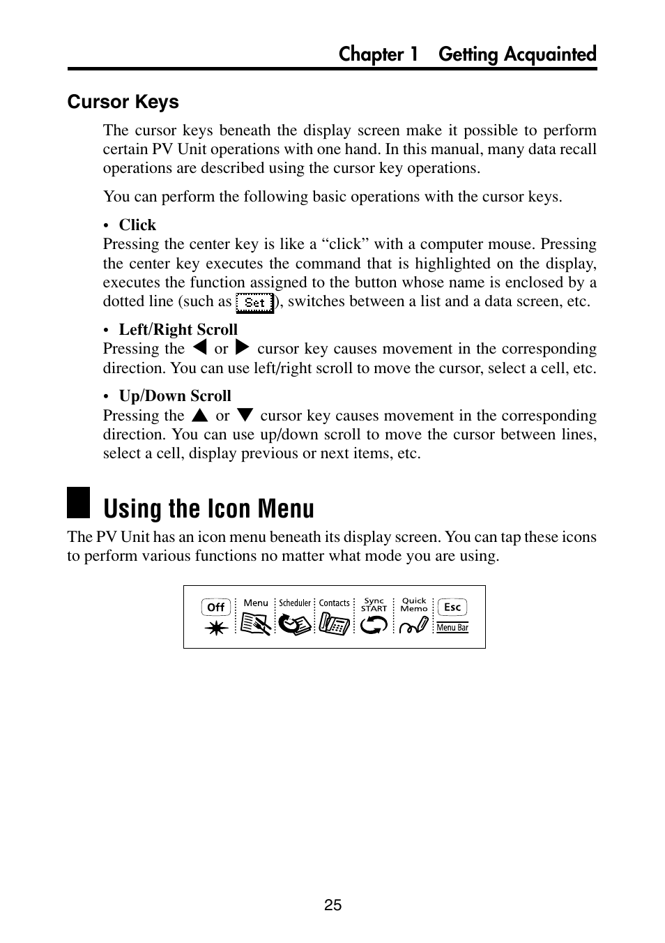 Cursor keys, Using the icon menu | Casio PV-S6100 User Manual | Page 27 / 189