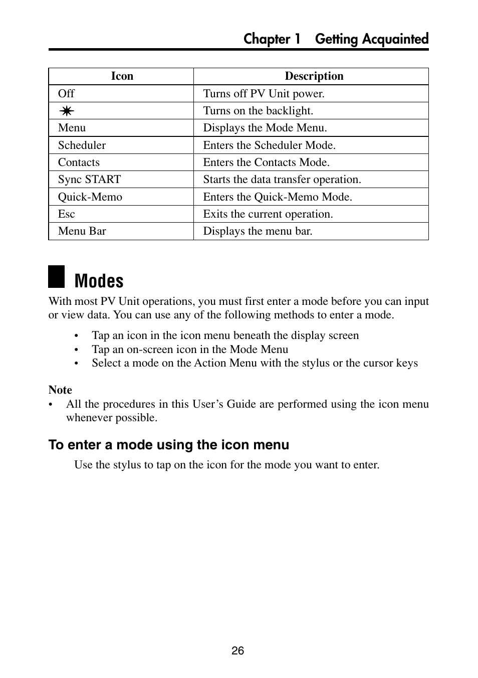 Modes, To enter a mode using the icon menu | Casio PV-S6100 User Manual | Page 28 / 189