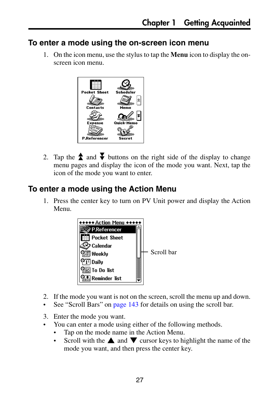 To enter a mode using the on-screen icon menu, To enter a mode using the action menu | Casio PV-S6100 User Manual | Page 29 / 189