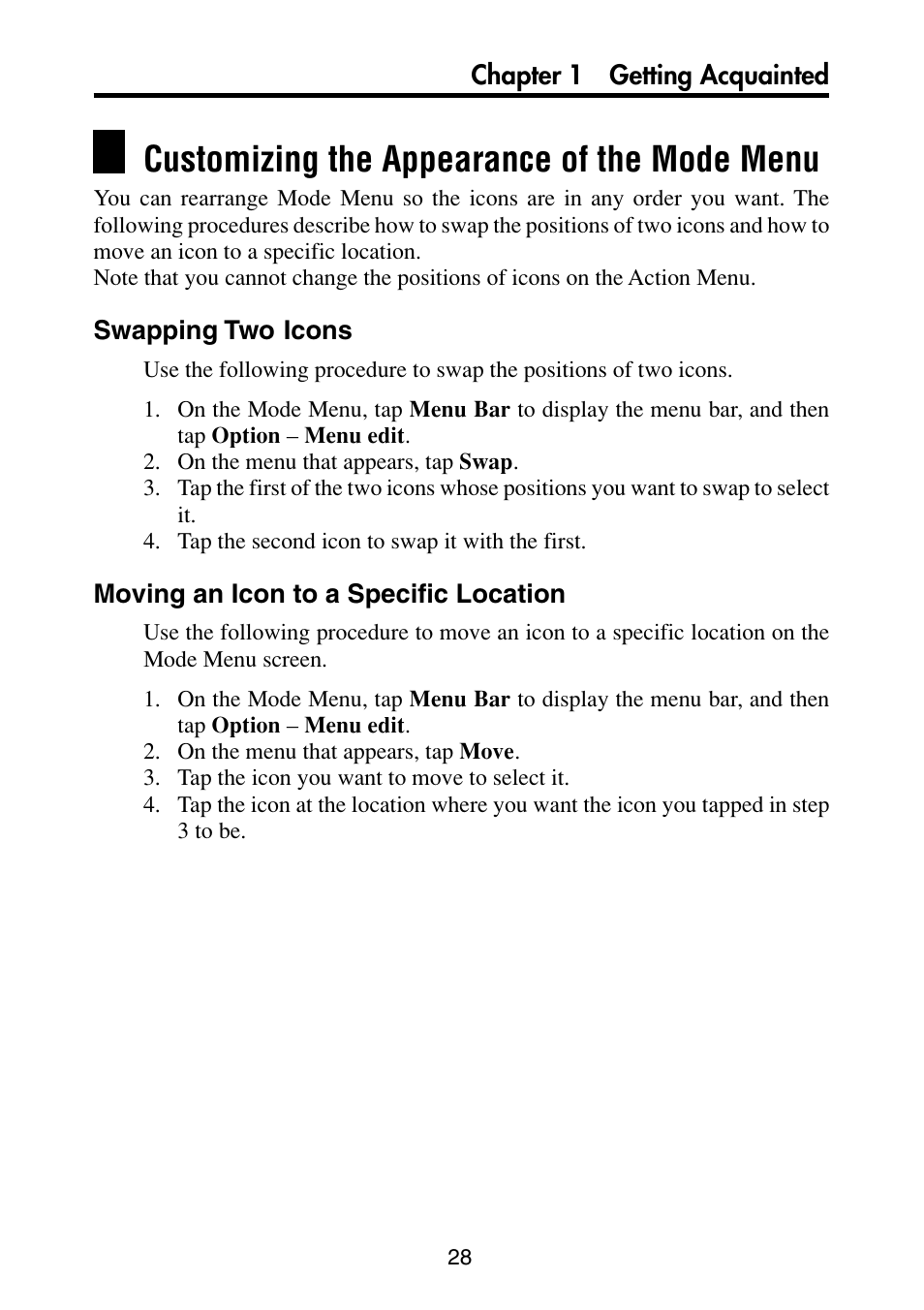 Customizing the appearance of the mode menu, Swapping two icons, Moving an icon to a specific location | Casio PV-S6100 User Manual | Page 30 / 189