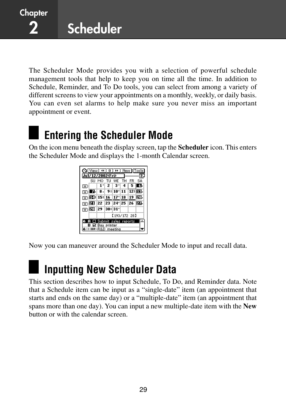 Scheduler, Entering the scheduler mode, Inputting new scheduler data | Casio PV-S6100 User Manual | Page 31 / 189