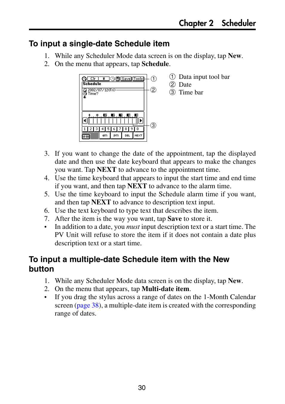 To input a single-date schedule item | Casio PV-S6100 User Manual | Page 32 / 189