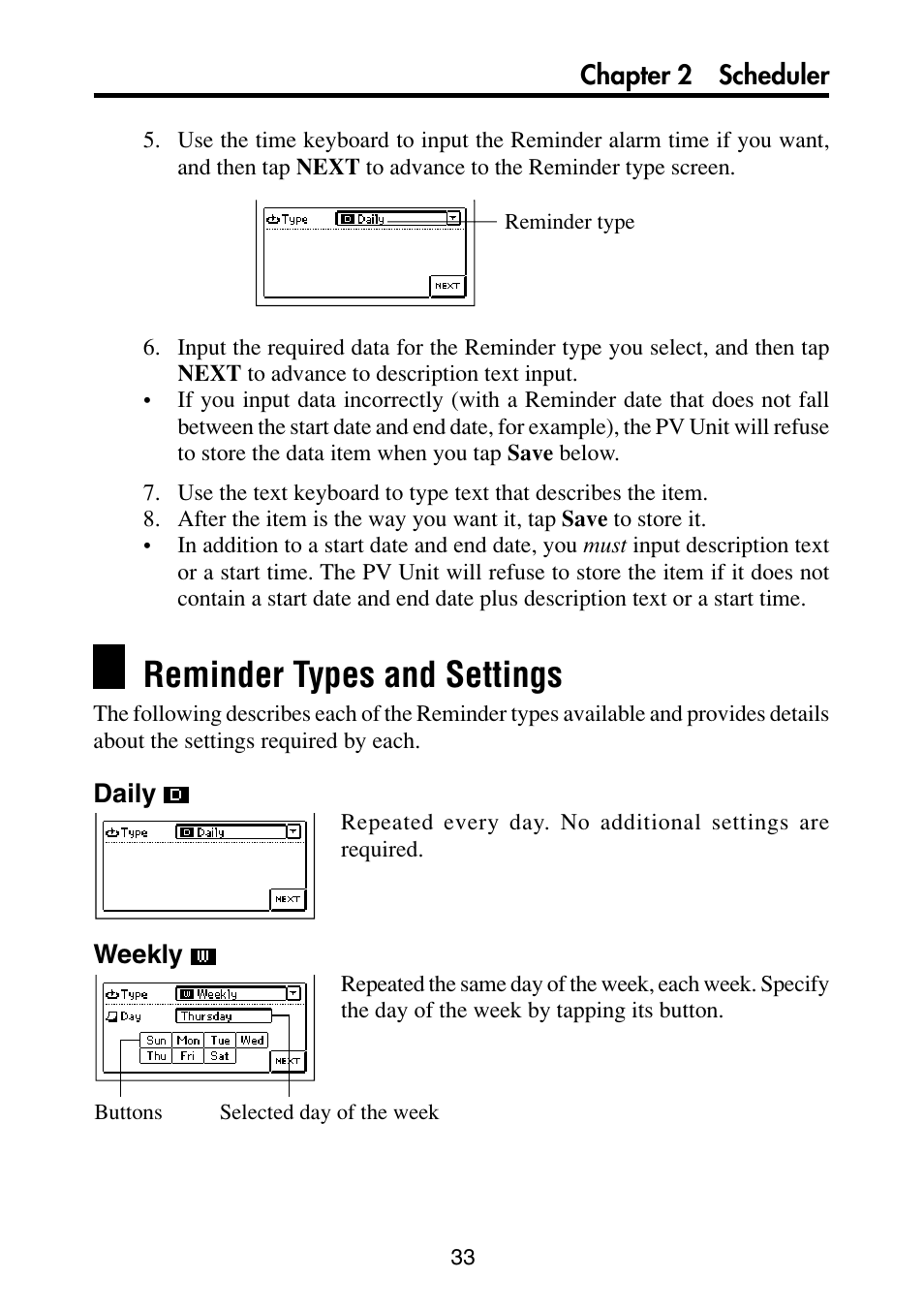 Reminder types and settings | Casio PV-S6100 User Manual | Page 35 / 189