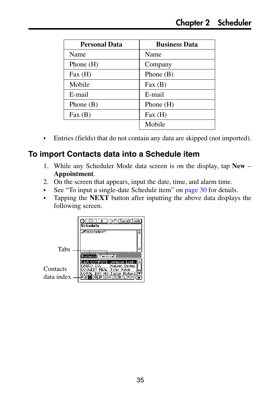 To import contacts data into a schedule item, Chapter 2 scheduler | Casio PV-S6100 User Manual | Page 37 / 189