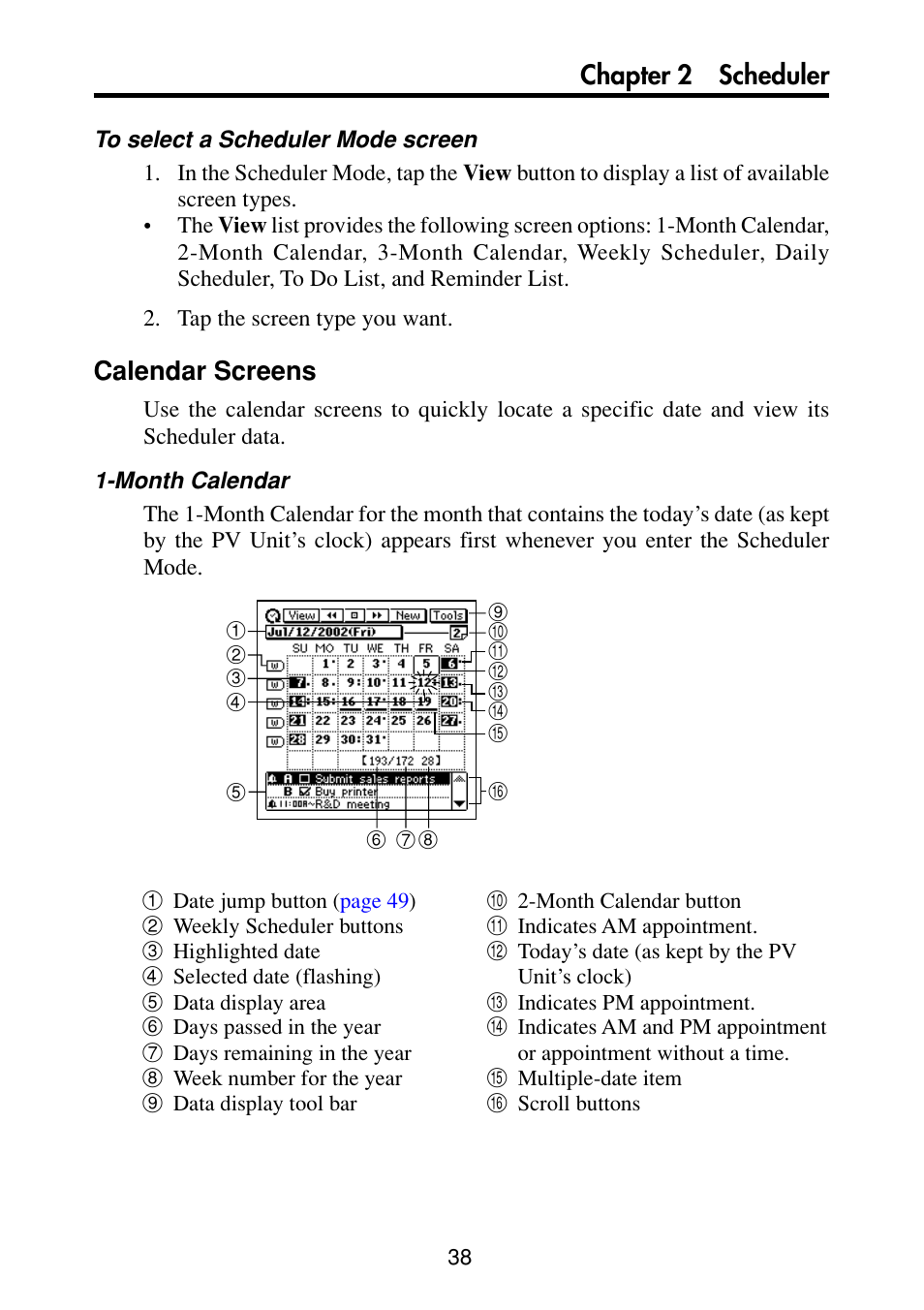 Calendar screens, Chapter 2 scheduler | Casio PV-S6100 User Manual | Page 40 / 189