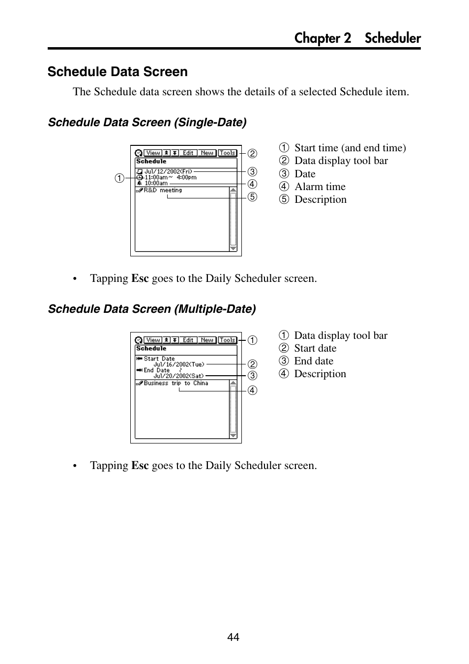 Schedule data screen, Chapter 2 scheduler | Casio PV-S6100 User Manual | Page 46 / 189