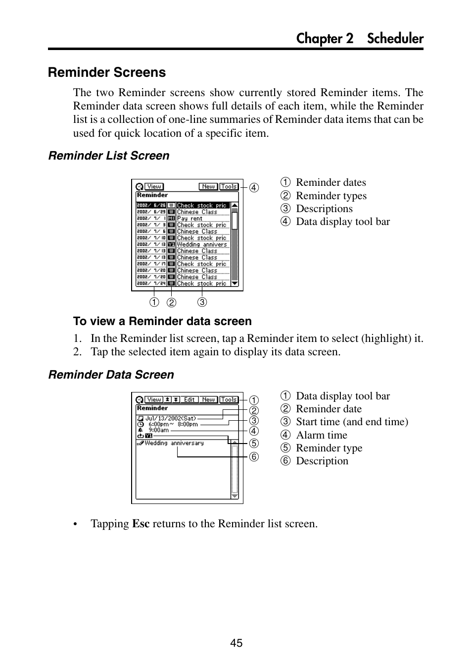 Reminder screens, Chapter 2 scheduler reminder screens | Casio PV-S6100 User Manual | Page 47 / 189