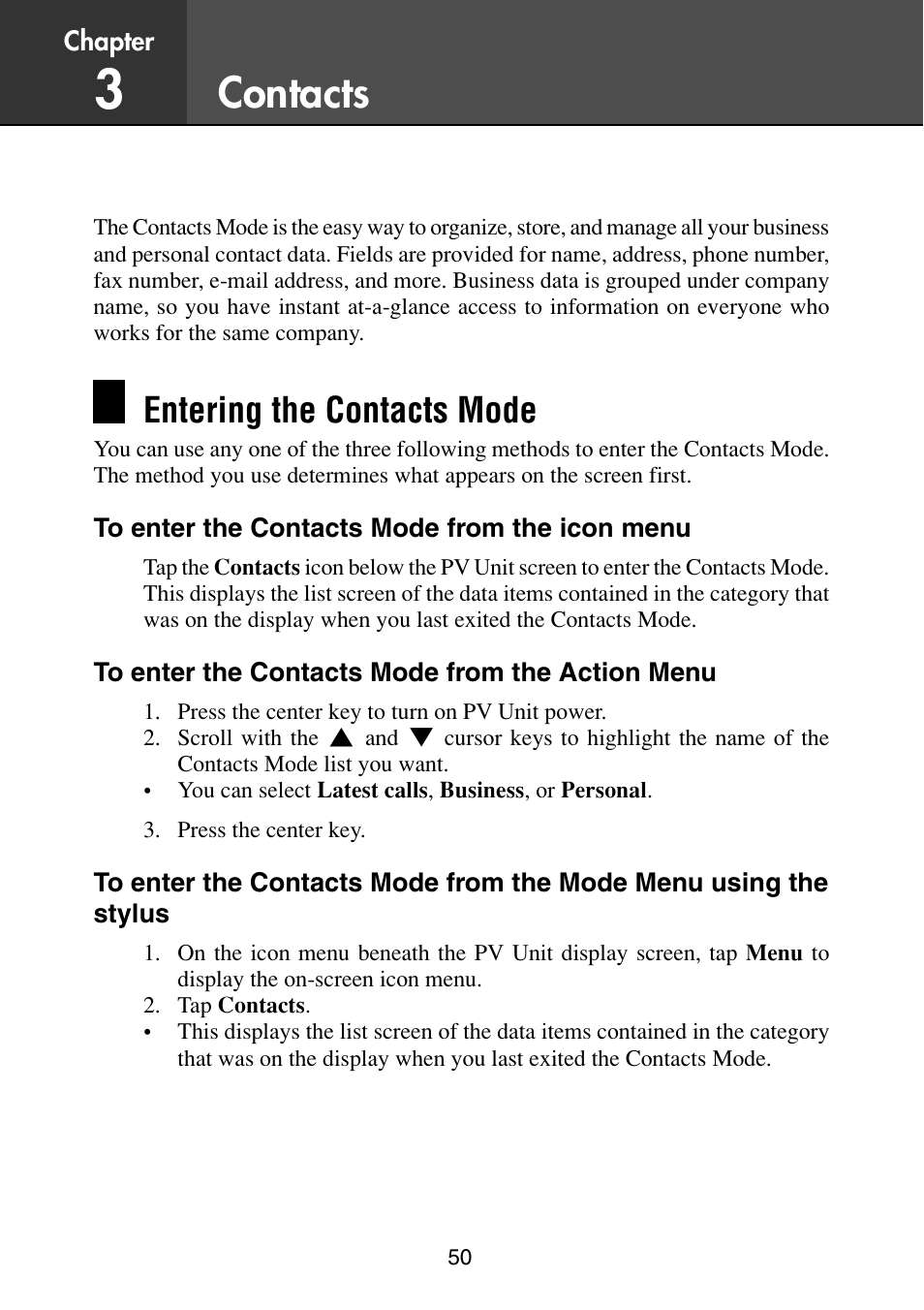 Contacts, Entering the contacts mode, To enter the contacts mode from the icon menu | To enter the contacts mode from the action menu | Casio PV-S6100 User Manual | Page 52 / 189