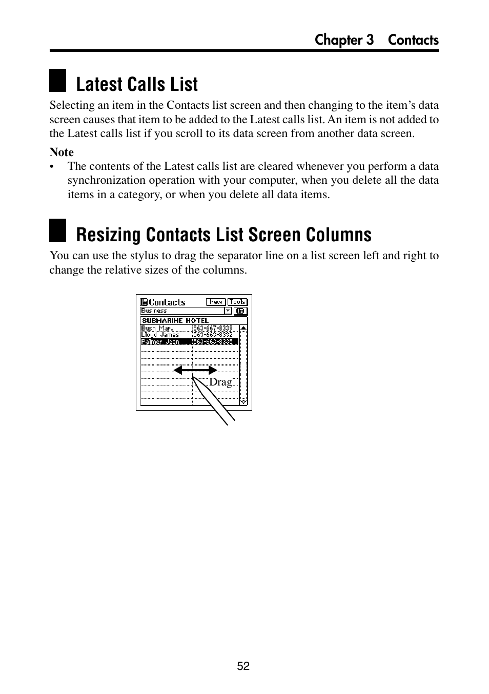 Latest calls list, Resizing contacts list screen columns | Casio PV-S6100 User Manual | Page 54 / 189