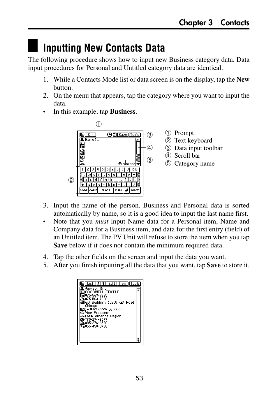 Inputting new contacts data, Chapter 3 contacts | Casio PV-S6100 User Manual | Page 55 / 189