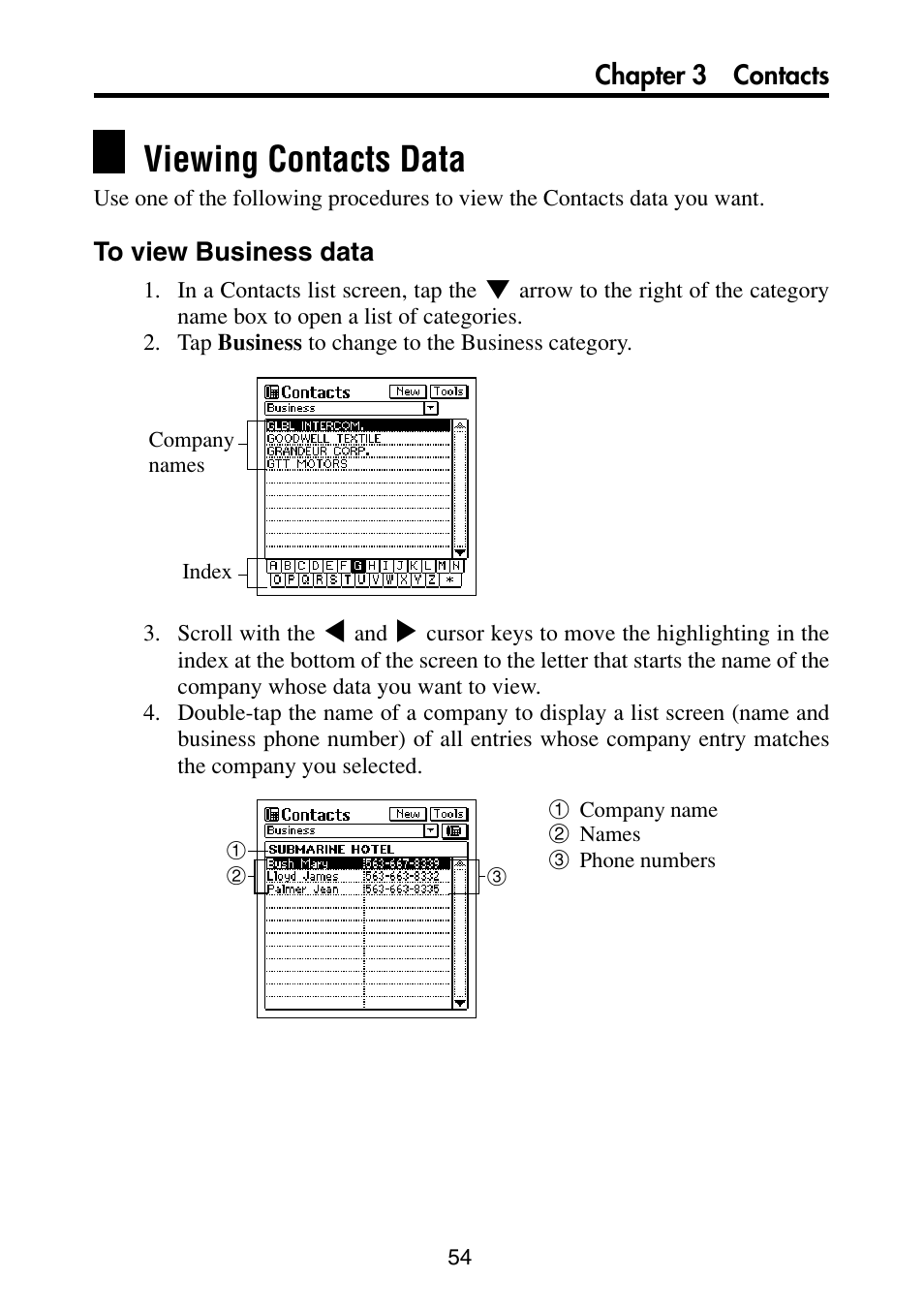 Viewing contacts data, To view business data | Casio PV-S6100 User Manual | Page 56 / 189
