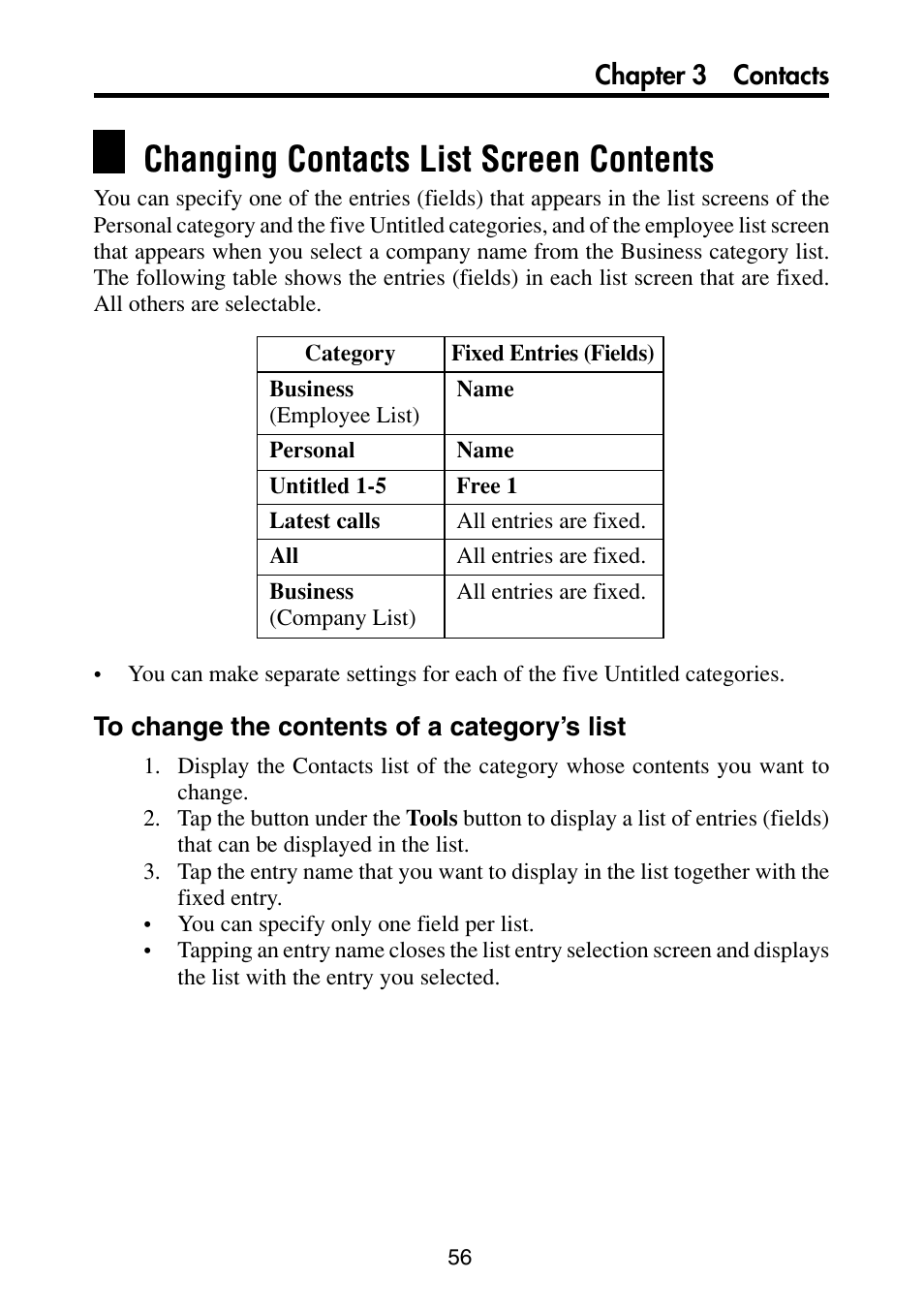 Changing contacts list screen contents, To change the contents of a category’s list | Casio PV-S6100 User Manual | Page 58 / 189