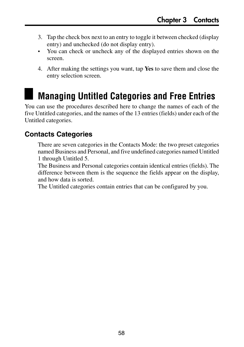 Managing untitled categories and free entries, Contacts categories | Casio PV-S6100 User Manual | Page 60 / 189
