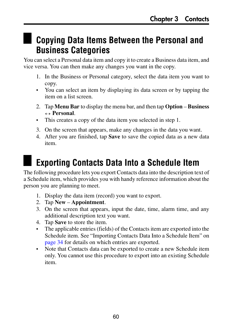 Exporting contacts data into a schedule item | Casio PV-S6100 User Manual | Page 62 / 189