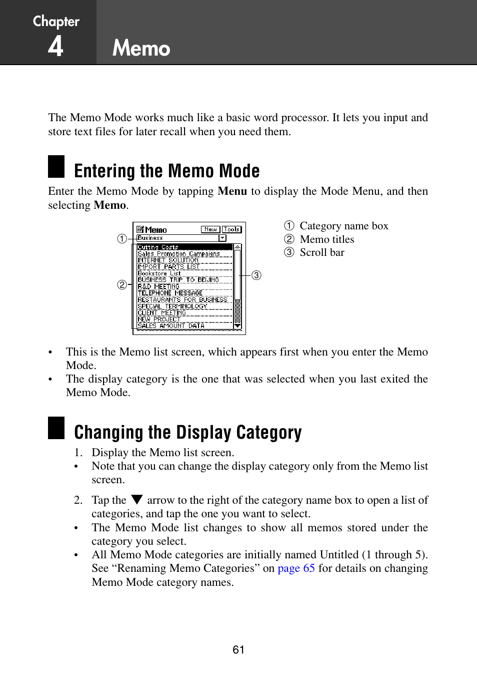 Memo, Entering the memo mode, Changing the display category | Casio PV-S6100 User Manual | Page 63 / 189