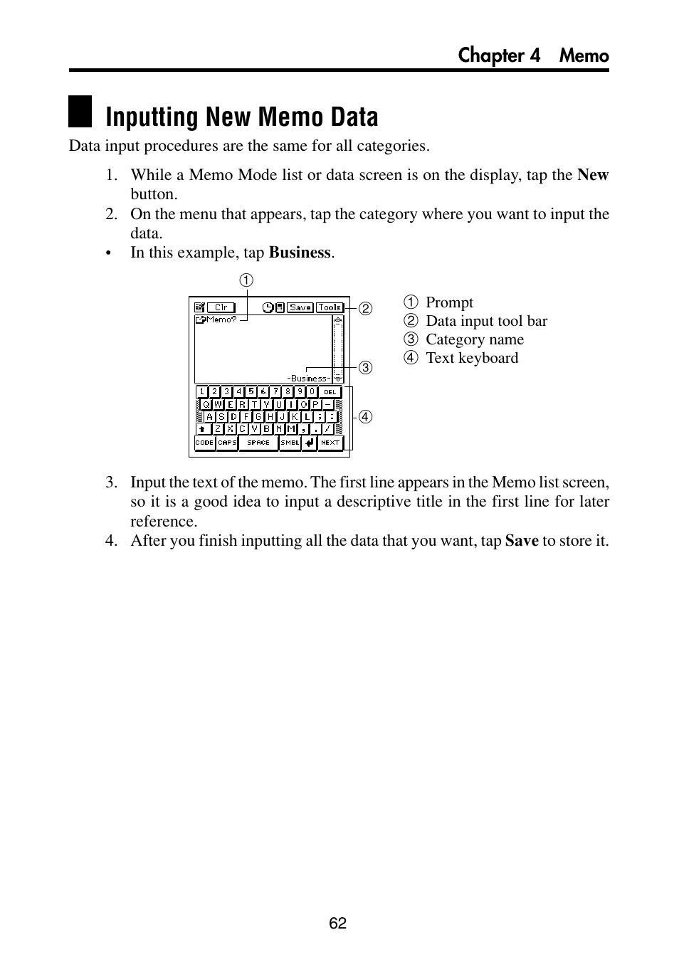 Inputting new memo data, Chapter | Casio PV-S6100 User Manual | Page 64 / 189