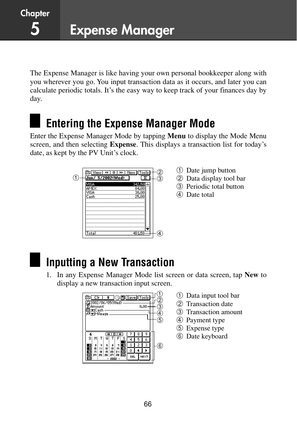 Expense manager, Entering the expense manager mode, Inputting a new transaction | Casio PV-S6100 User Manual | Page 68 / 189