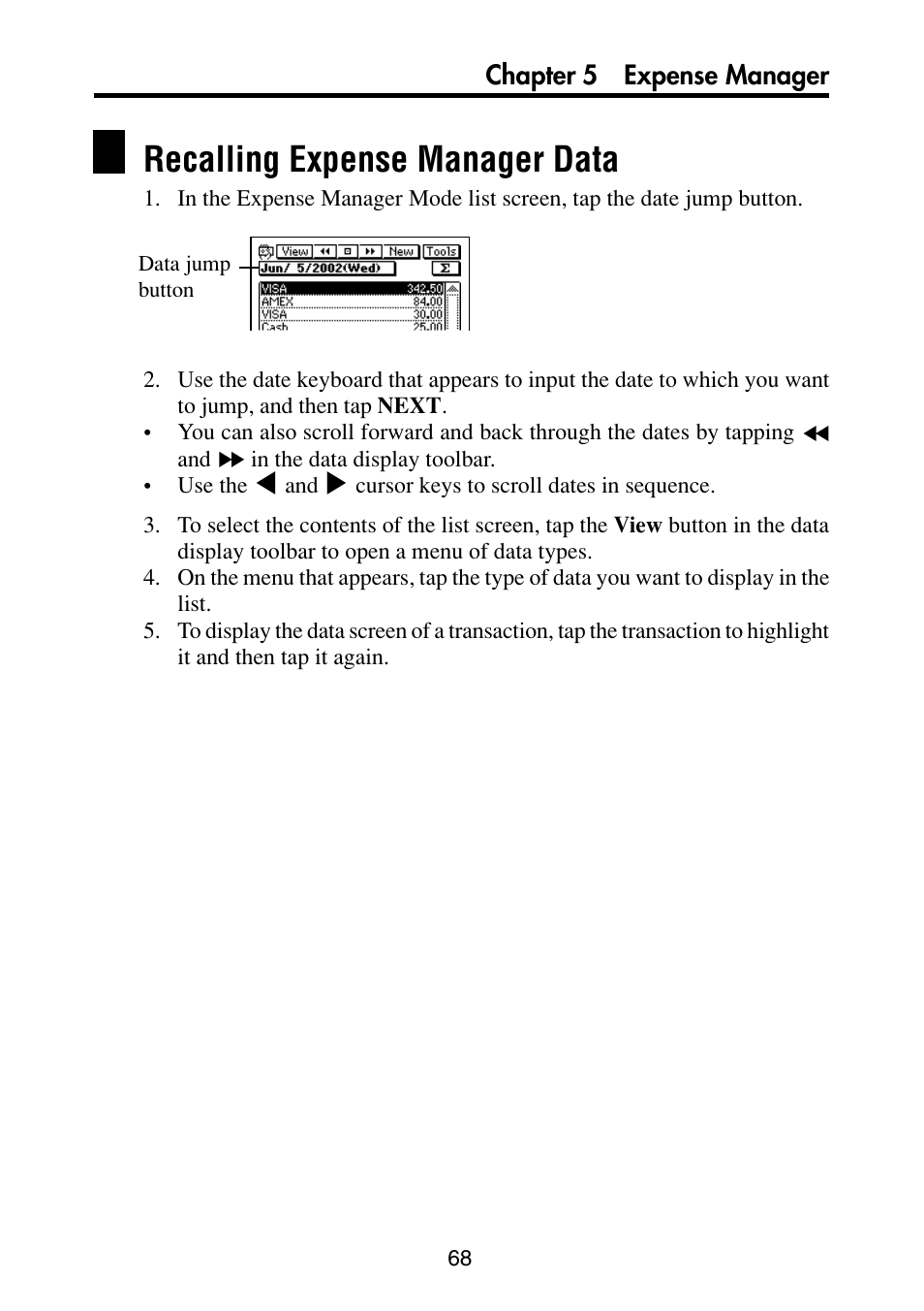 Recalling expense manager data | Casio PV-S6100 User Manual | Page 70 / 189