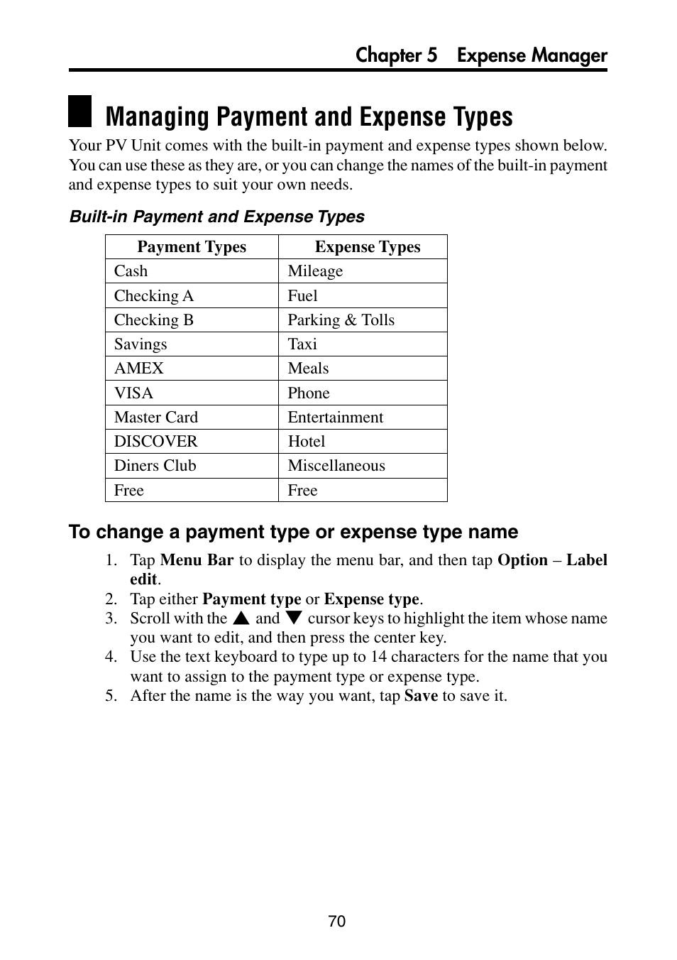 Managing payment and expense types, To change a payment type or expense type name | Casio PV-S6100 User Manual | Page 72 / 189