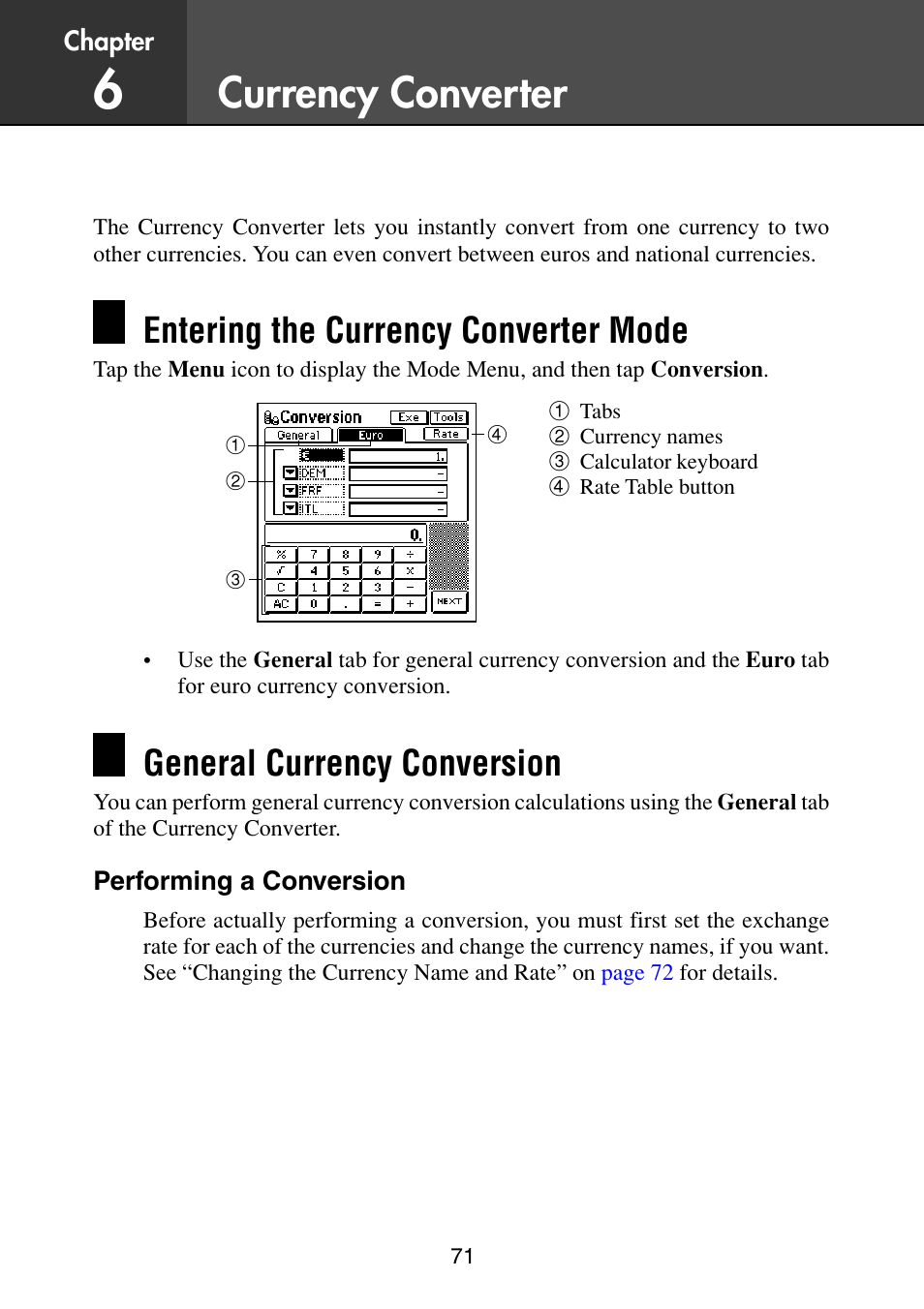 Currency converter, Entering the currency converter mode, General currency conversion | Performing a conversion | Casio PV-S6100 User Manual | Page 73 / 189
