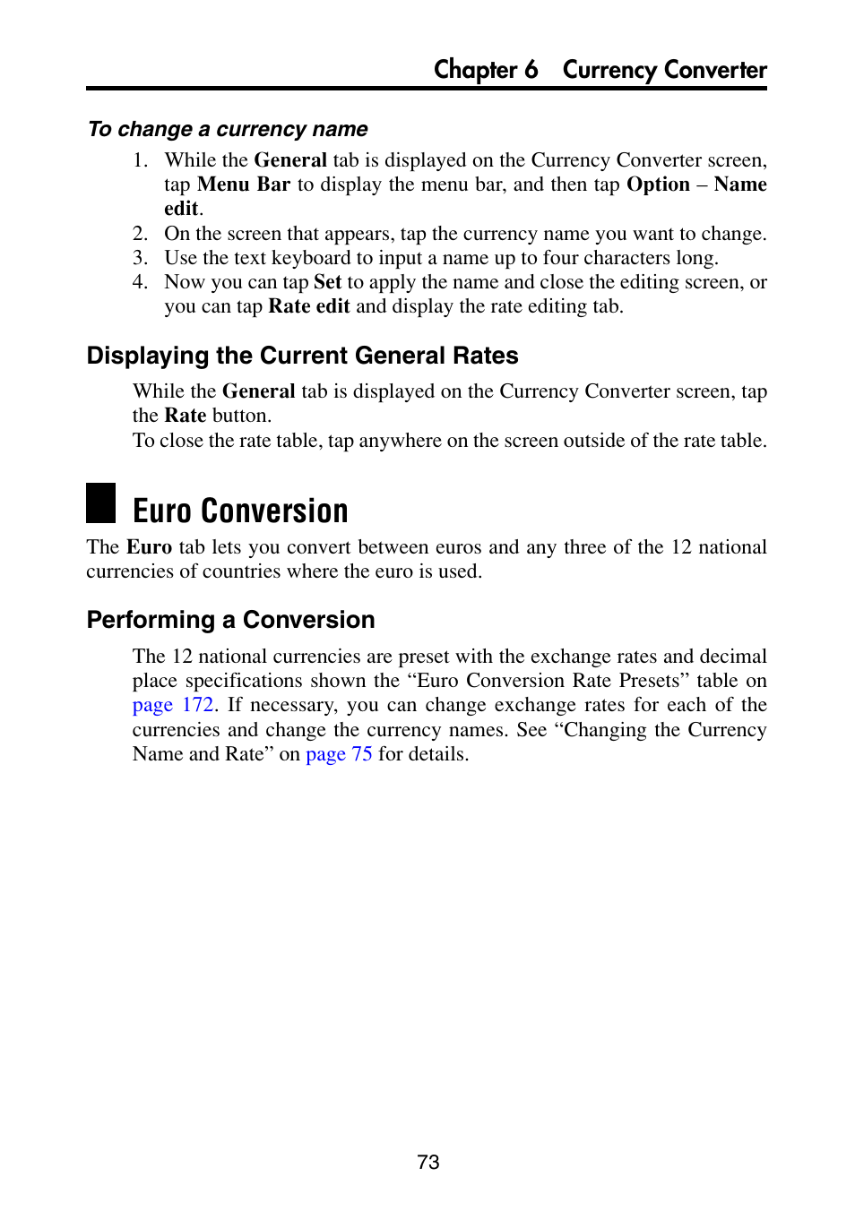 Displaying the current general rates, Euro conversion, Performing a conversion | Casio PV-S6100 User Manual | Page 75 / 189