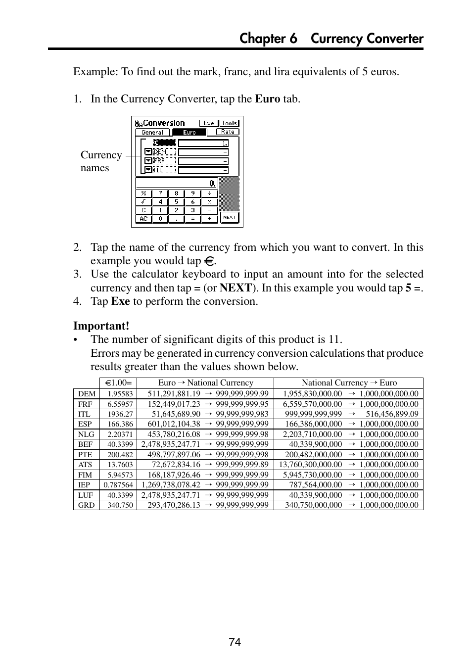 Chapter 6 currency converter, Currency names | Casio PV-S6100 User Manual | Page 76 / 189