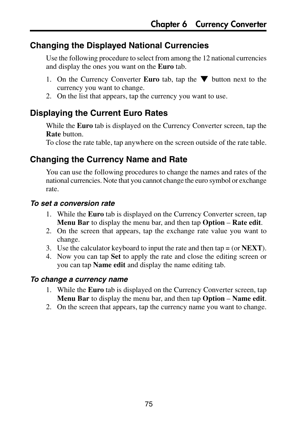 Changing the displayed national currencies, Displaying the current euro rates, Changing the currency name and rate | Casio PV-S6100 User Manual | Page 77 / 189