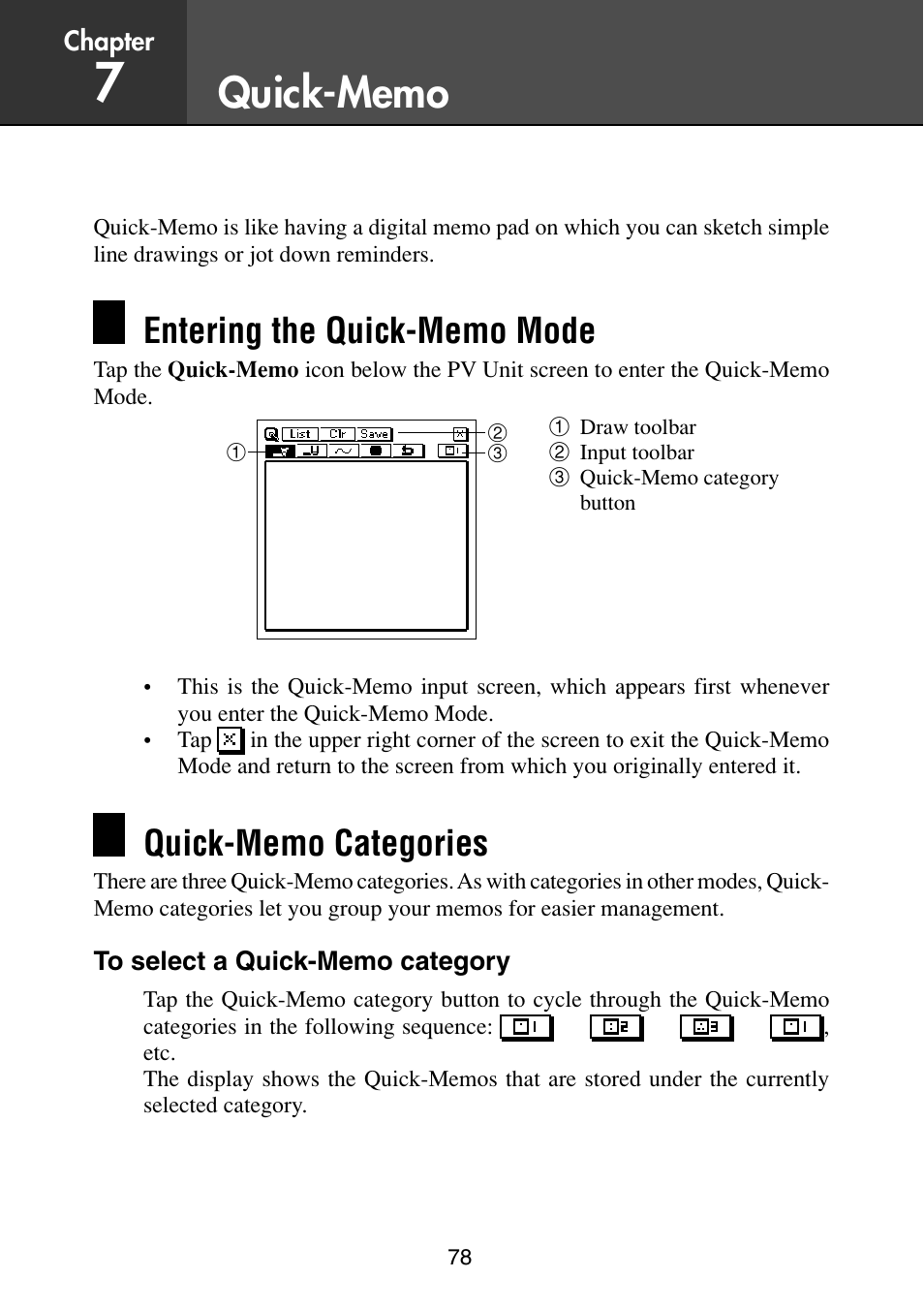 Quick-memo, Entering the quick-memo mode, Quick-memo categories | To select a quick-memo category, Auto power, Ou can select a quick-memo, And use its contents as a start-up screen | Casio PV-S6100 User Manual | Page 80 / 189