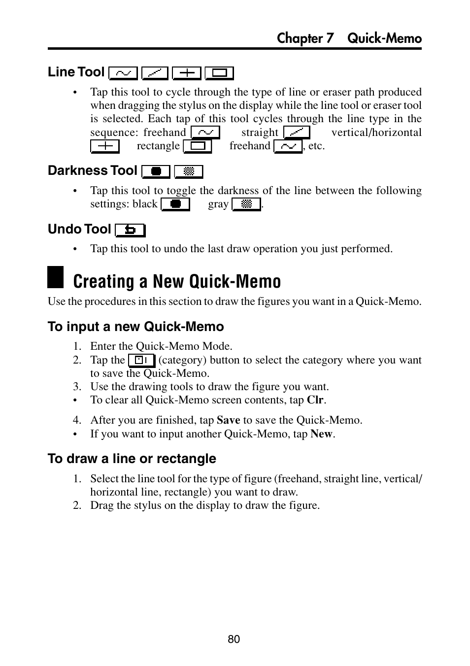Creating a new quick-memo, To input a new quick-memo, To draw a line or rectangle | Casio PV-S6100 User Manual | Page 82 / 189