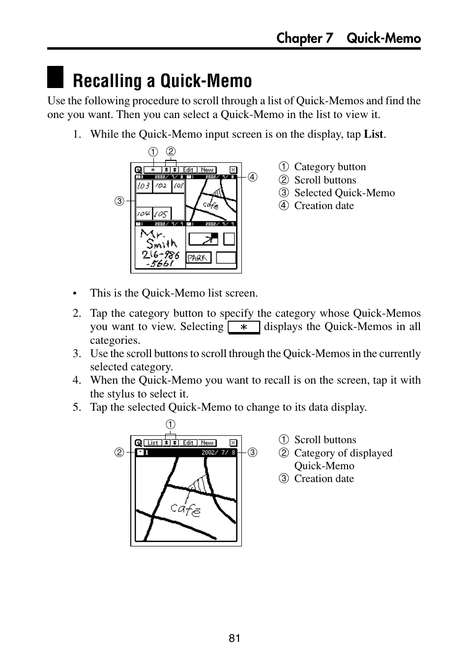 Recalling a quick-memo | Casio PV-S6100 User Manual | Page 83 / 189