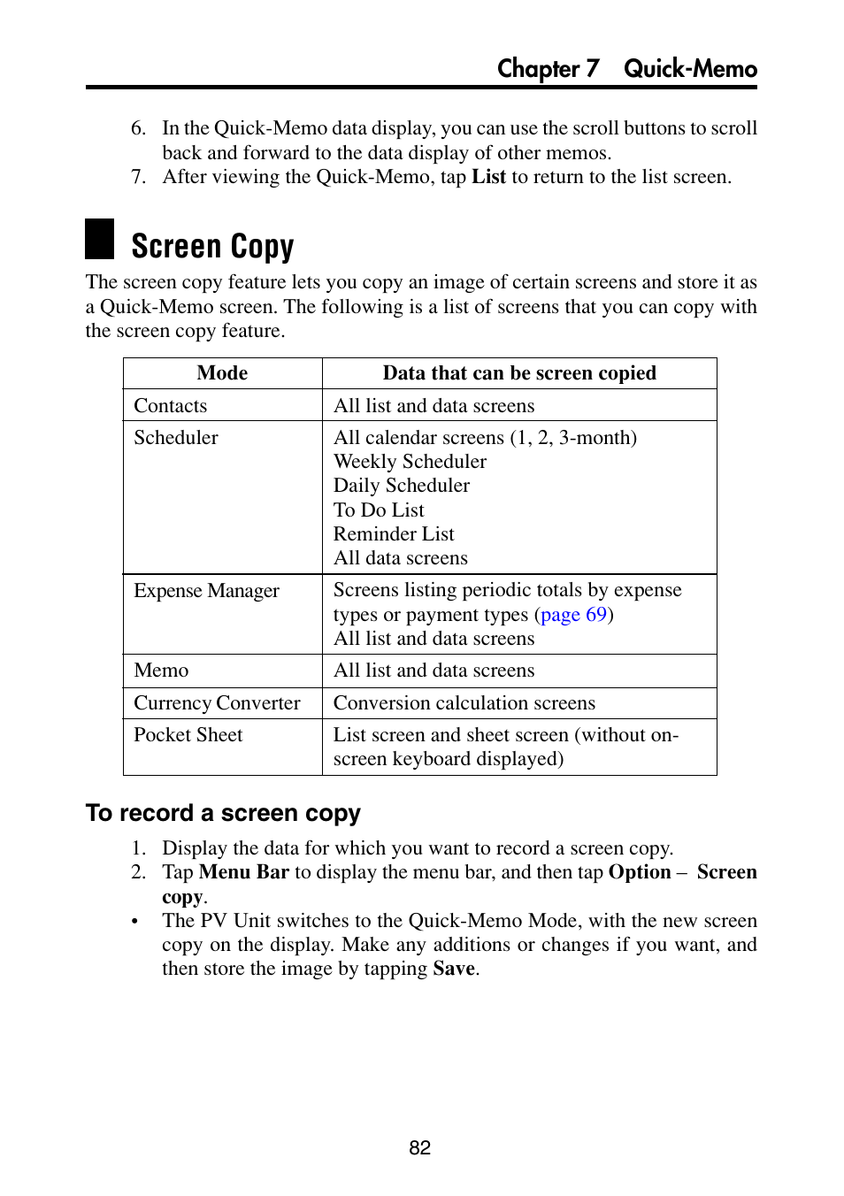 Screen copy, To record a screen copy | Casio PV-S6100 User Manual | Page 84 / 189