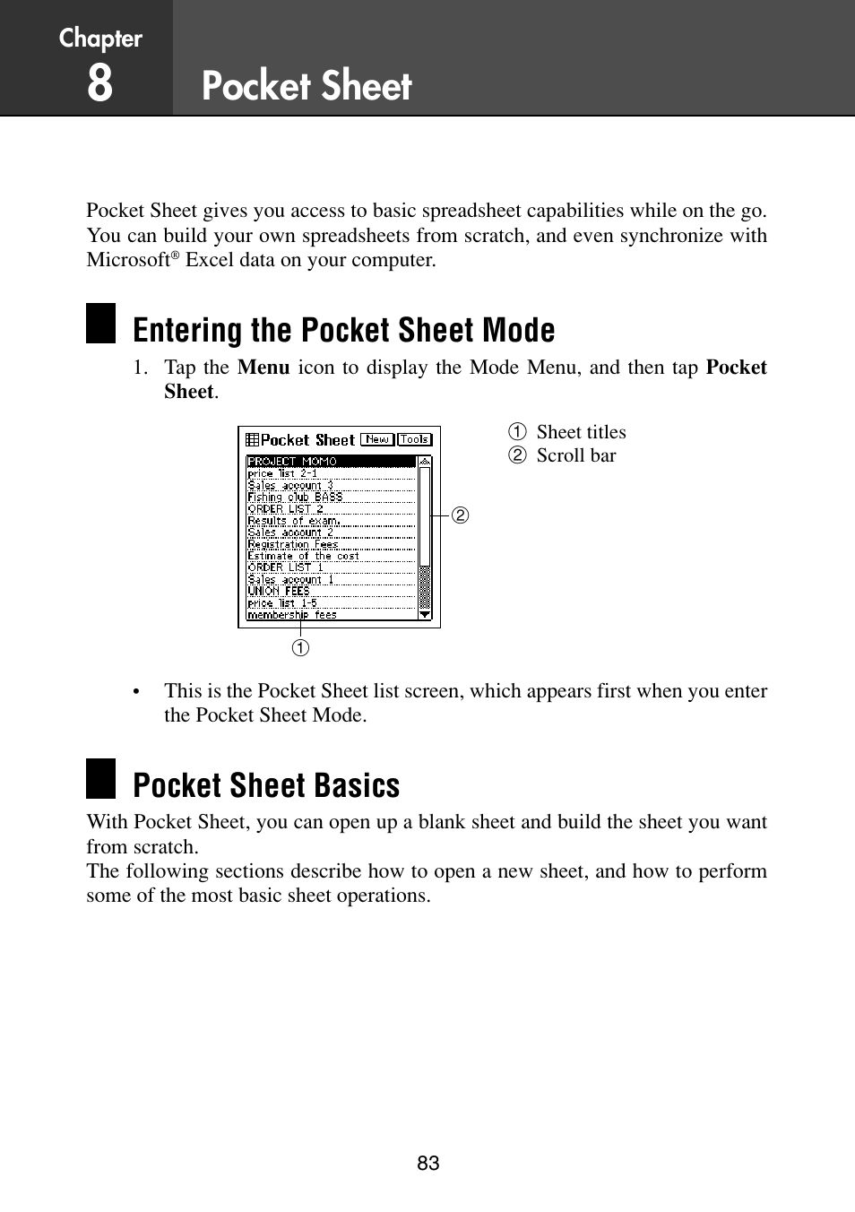 Pocket sheet, Entering the pocket sheet mode, Pocket sheet basics | Casio PV-S6100 User Manual | Page 85 / 189