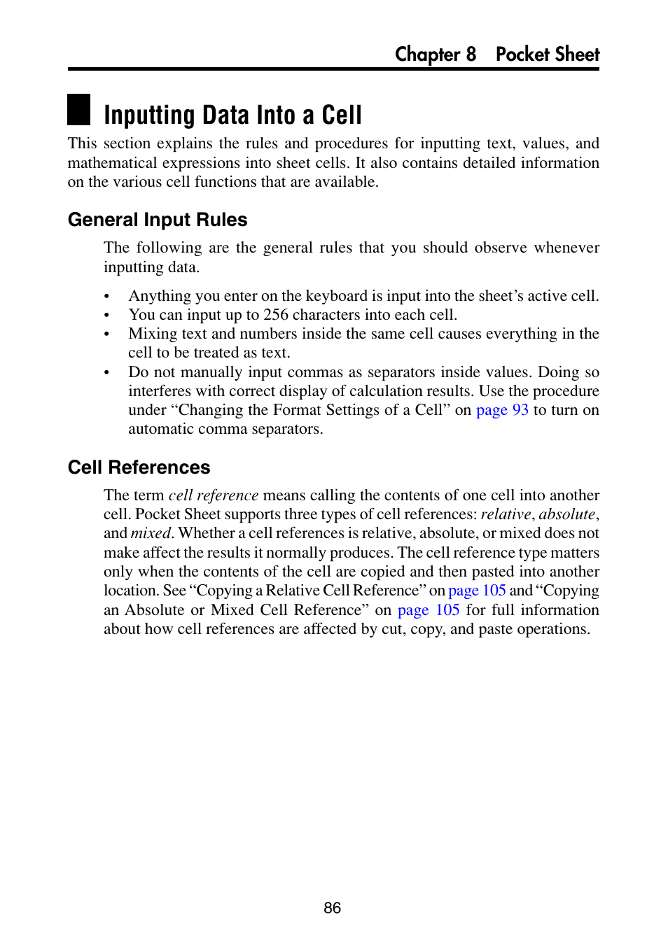 Inputting data into a cell, General input rules, Cell references | Casio PV-S6100 User Manual | Page 88 / 189