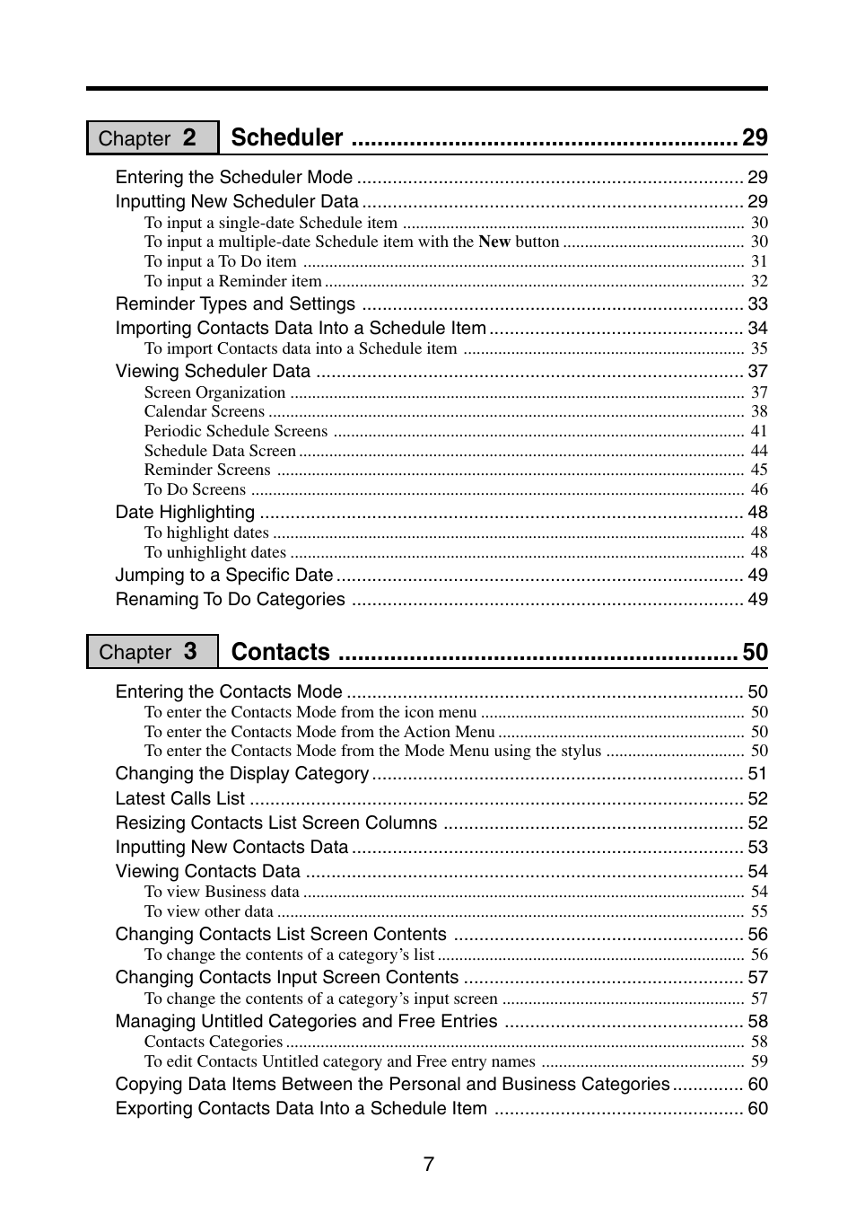 Scheduler, Contacts | Casio PV-S6100 User Manual | Page 9 / 189