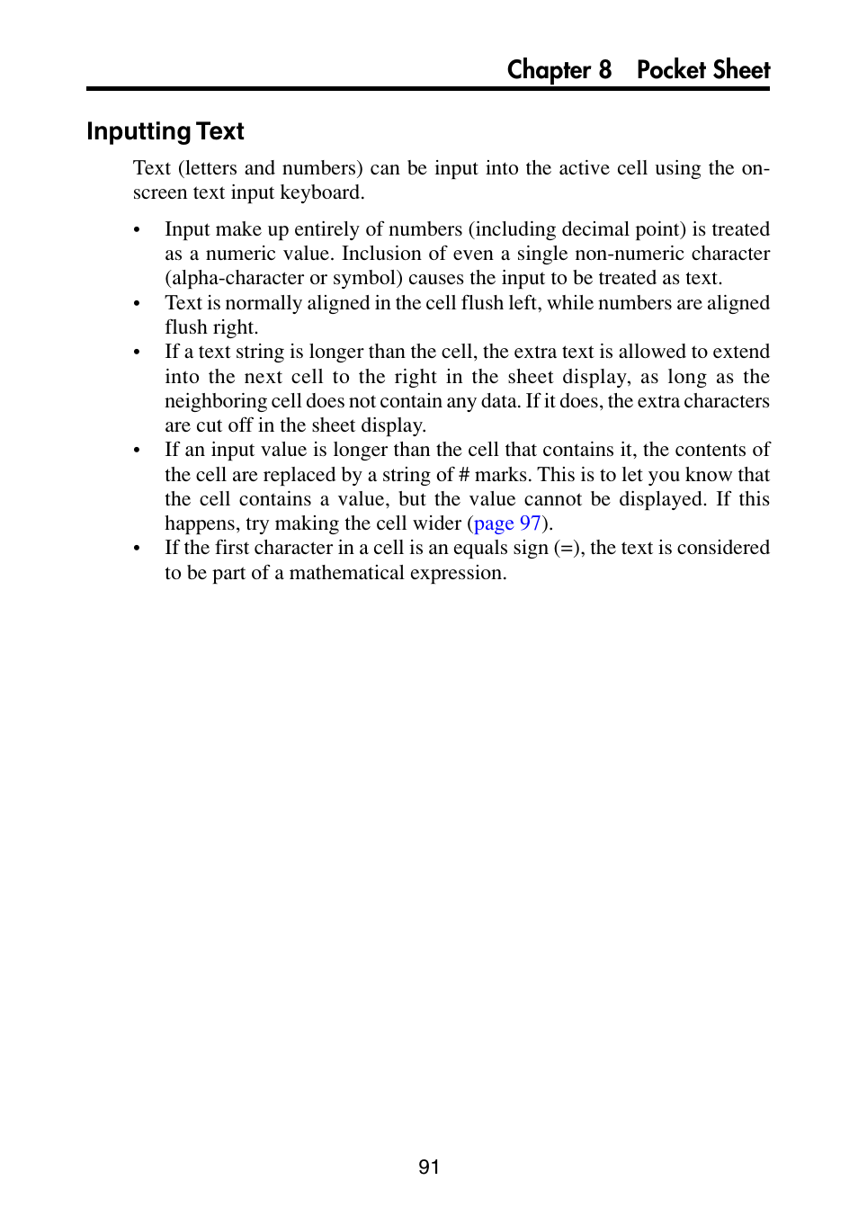 Inputting text, Chapter 8 pocket sheet inputting text | Casio PV-S6100 User Manual | Page 93 / 189