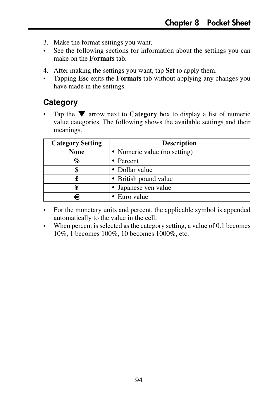 Chapter 8 pocket sheet, Category | Casio PV-S6100 User Manual | Page 96 / 189