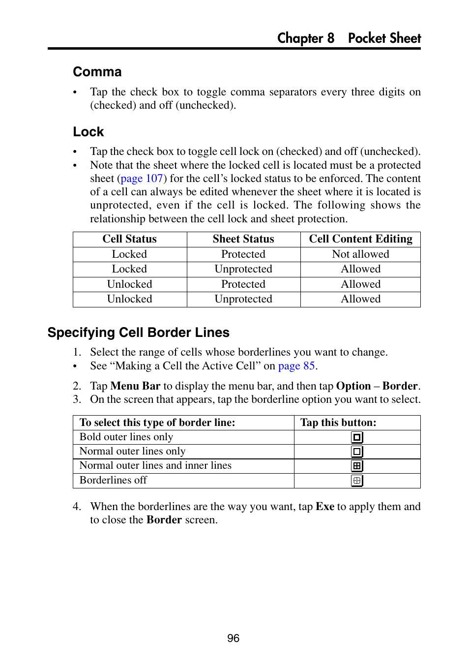 Specifying cell border lines, Chapter 8 pocket sheet comma, Lock | Casio PV-S6100 User Manual | Page 98 / 189