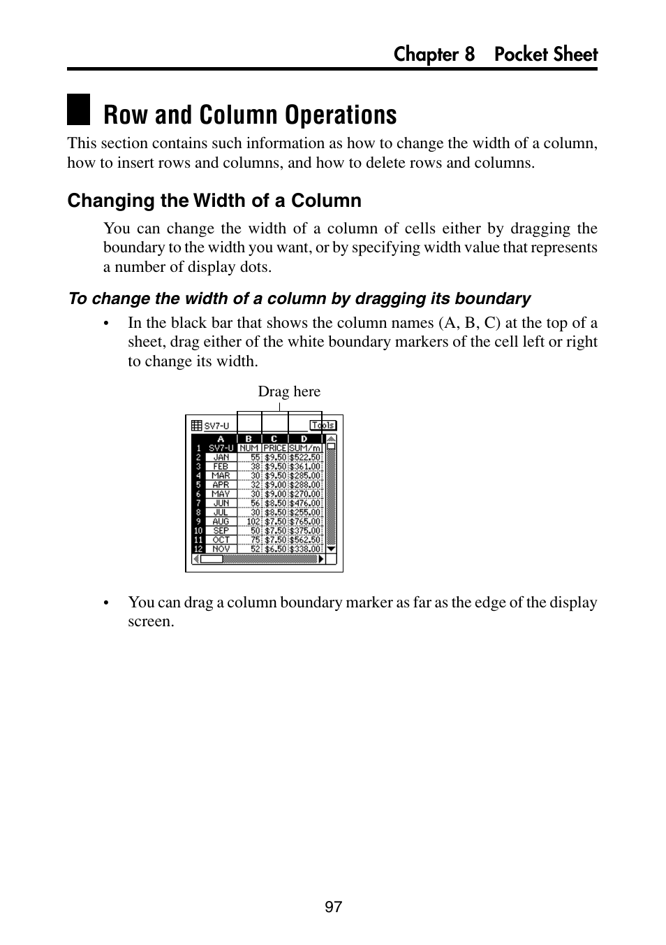 Row and column operations, Changing the width of a column | Casio PV-S6100 User Manual | Page 99 / 189