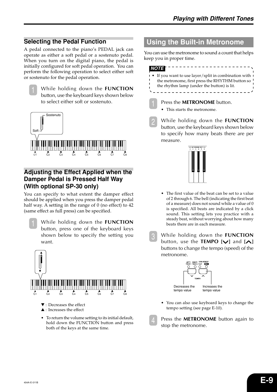 Using the built-in metronome, Playing with different tones, Selecting the pedal function | Press the metronome button | Casio PX110 User Manual | Page 11 / 32