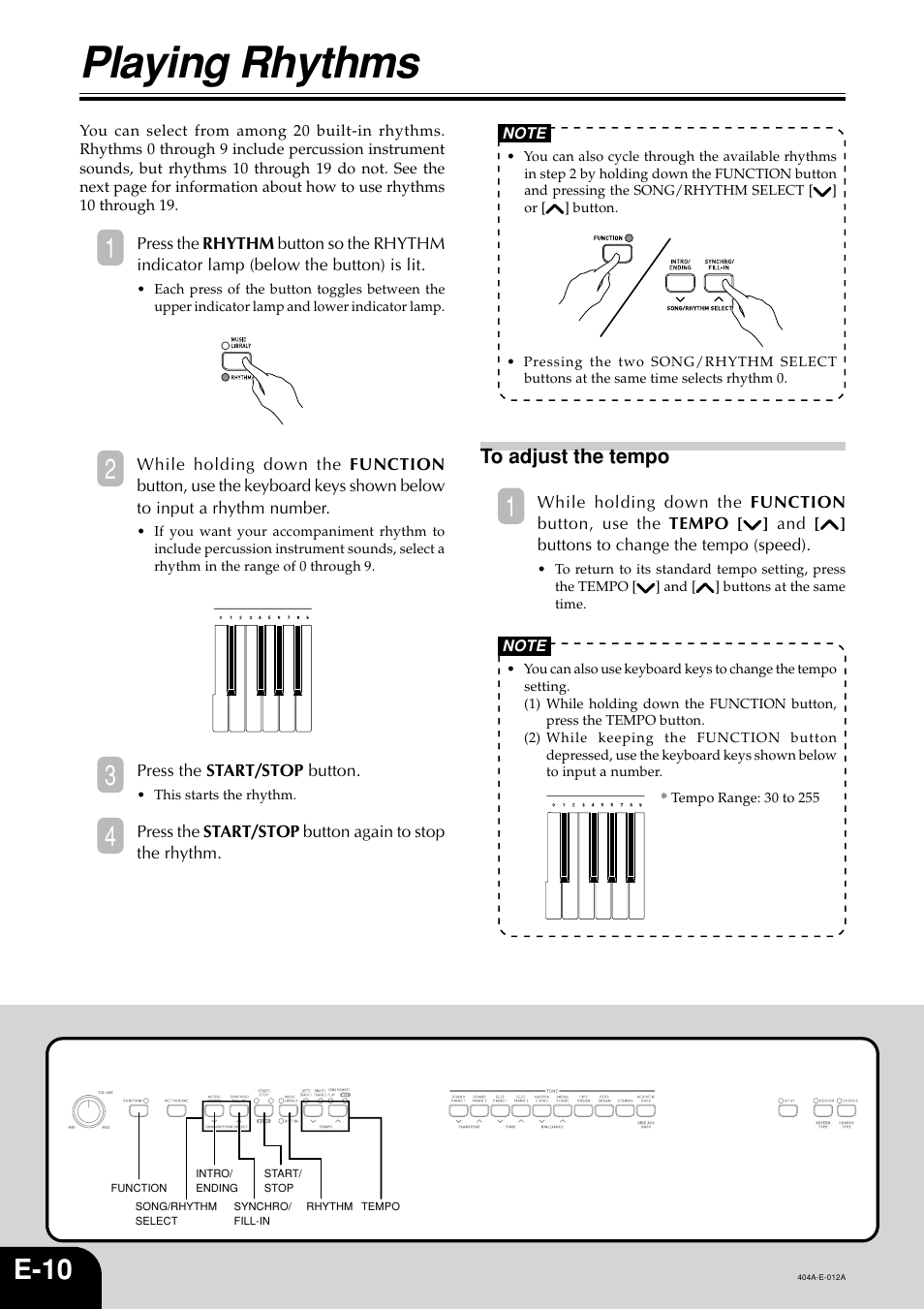 Playing rhythms, E-10 | Casio PX110 User Manual | Page 12 / 32