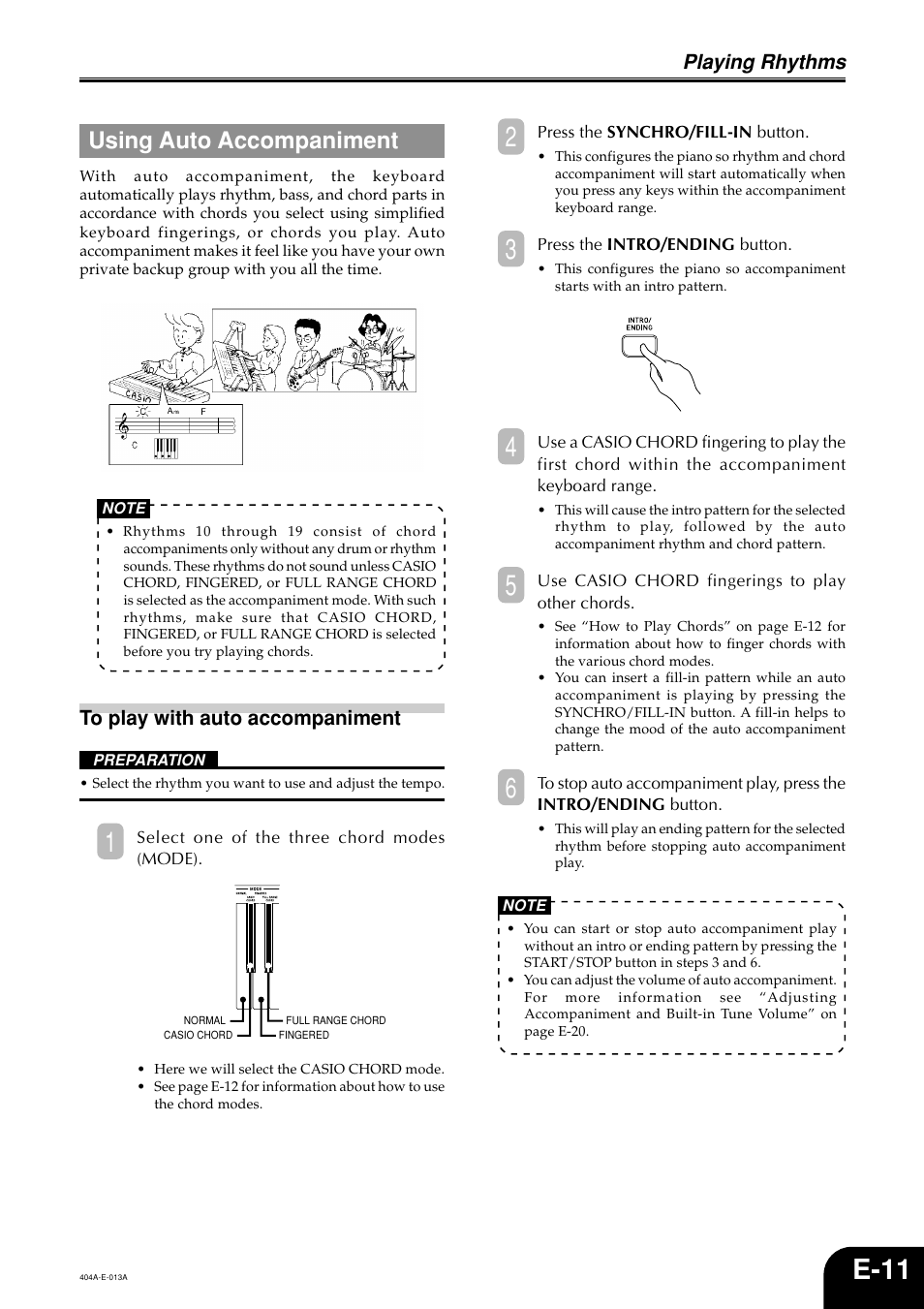 E-11, Using auto accompaniment, Playing rhythms | Casio PX110 User Manual | Page 13 / 32