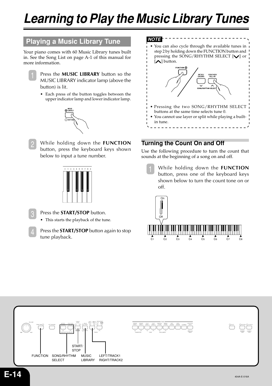 Learning to play the music library tunes, E-14, Playing a music library tune | Turning the count on and off | Casio PX110 User Manual | Page 16 / 32