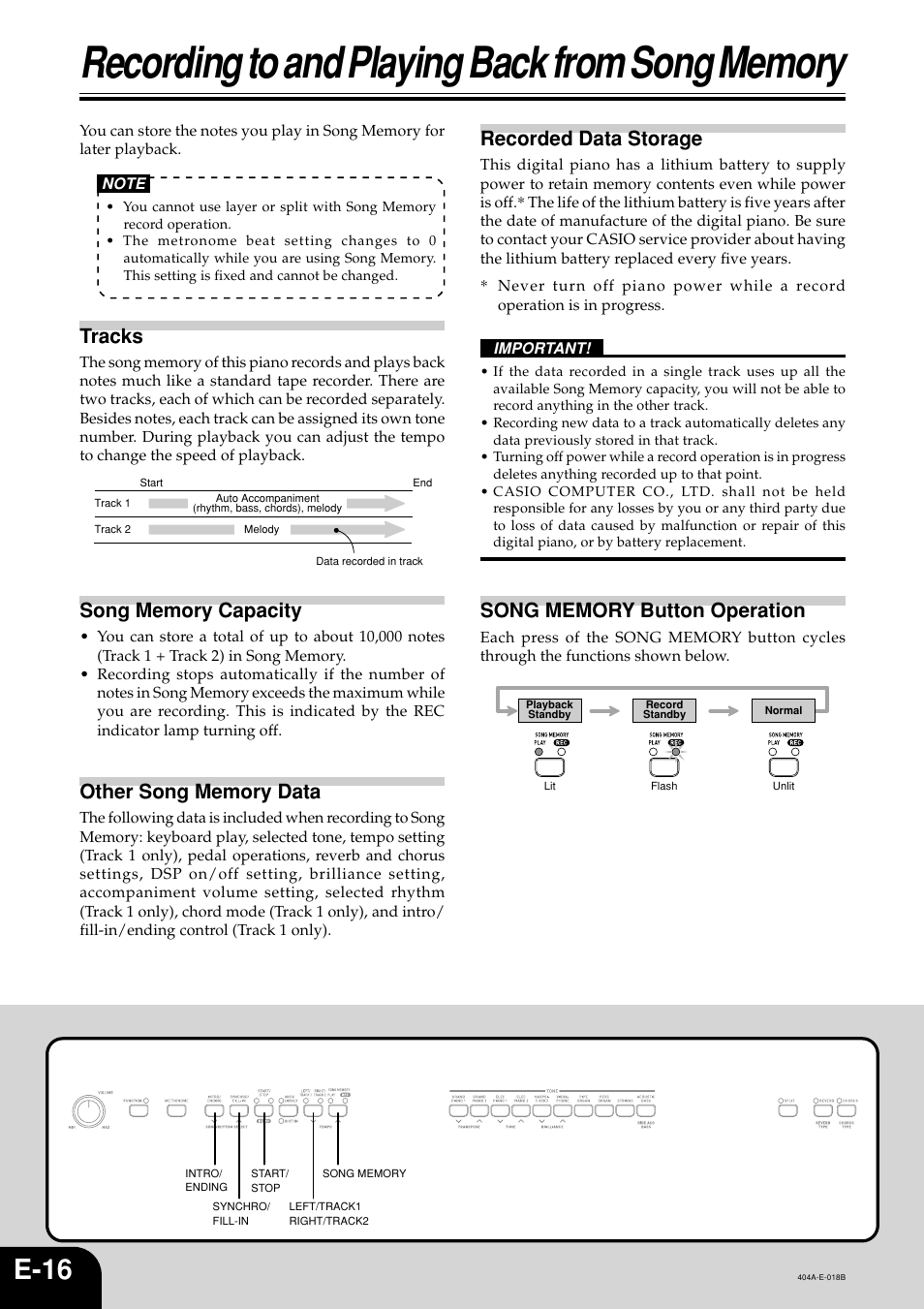 E-16, Tracks, Recorded data storage | Casio PX110 User Manual | Page 18 / 32