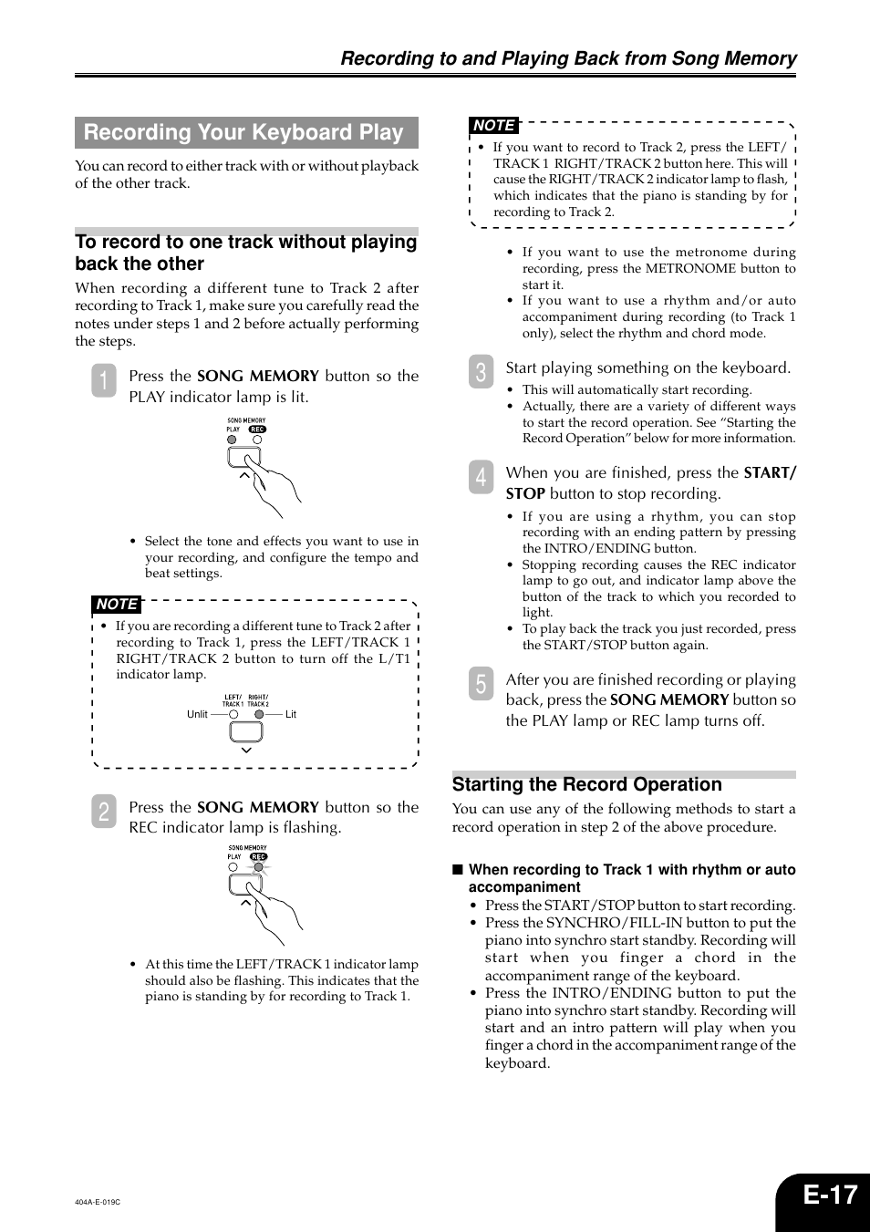 E-17, Recording your keyboard play | Casio PX110 User Manual | Page 19 / 32